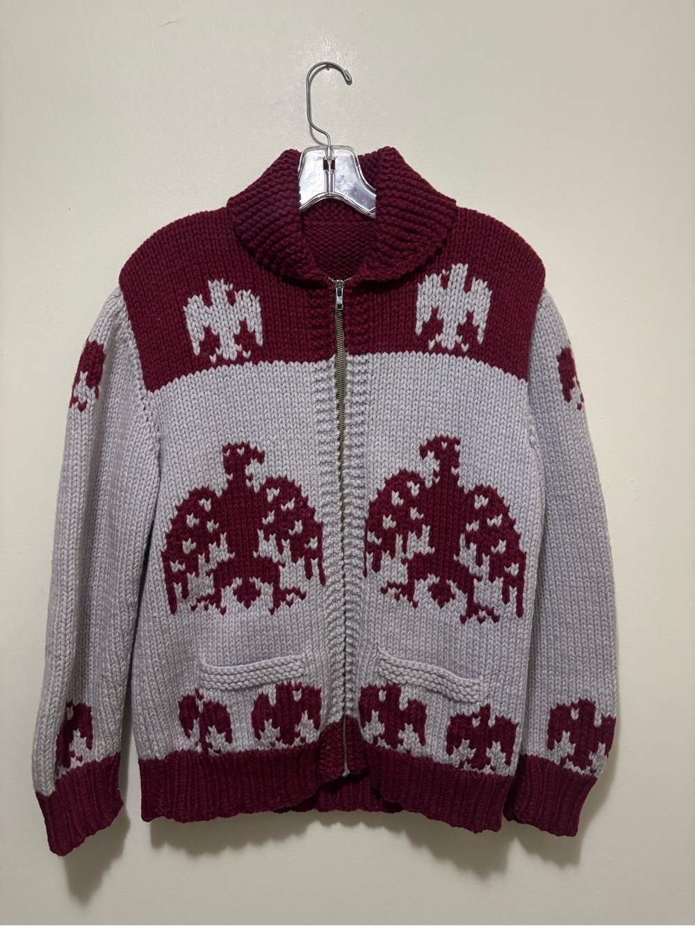 Vintage 1950s 60s Hand Knit Wool Cowichan Thunderbird Zipper Cardigan Sweater